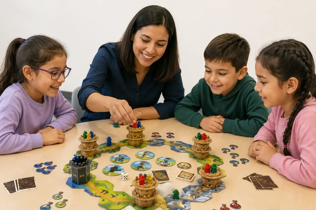 Niños aprendiendo mediante juegos de mesa educativos para fortalecer atención, memoria y funciones ejecutivas
