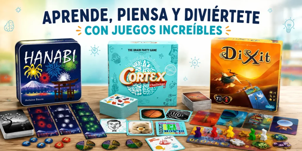 Juegos de mesa educativos Hanabi, Cortex Challenge y Dixit para desarrollar funciones ejecutivas, atención, memoria, creatividad y pensamiento lógico en niños.